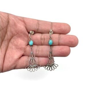 Vintage Navajo Style Sterling Silver Turquoise Fan Drop Earrings 2.5” Handmade